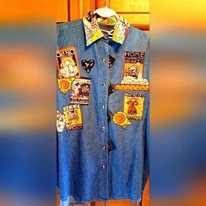 Ladies Folk Art Denim W/added Patchwork Handdone Small Blue Diamond